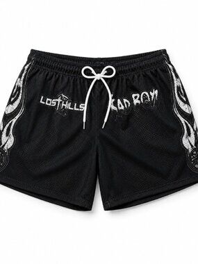 Lost Hills x Sad Boyz Mesh Shorts Black Graphic Pockets Drawstring Size Large L